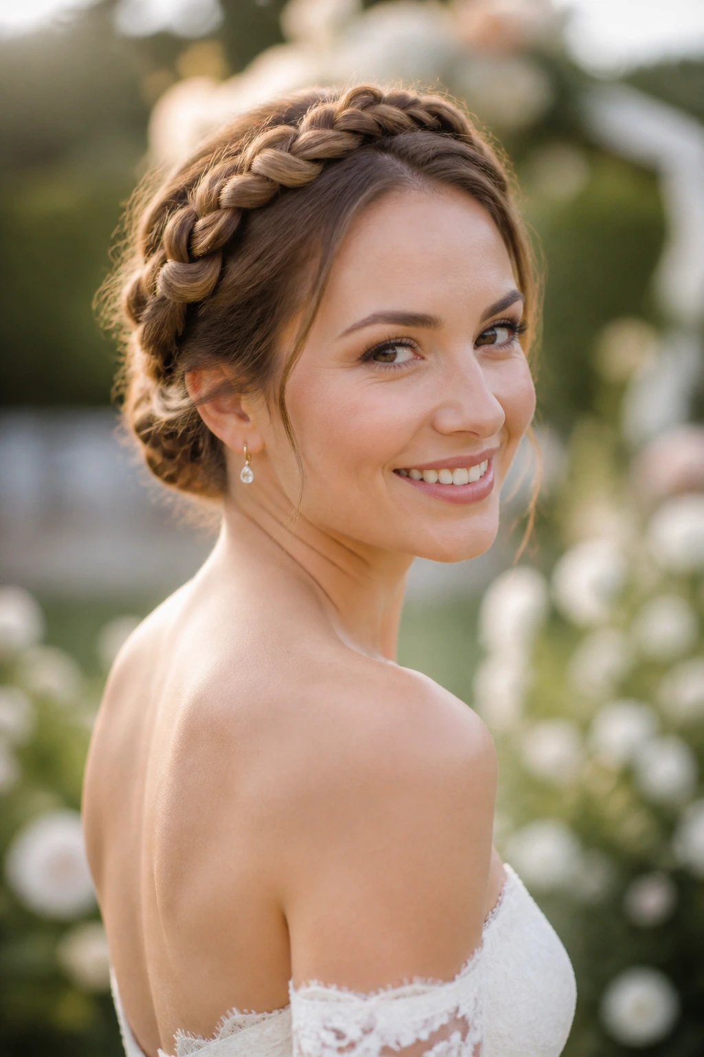 Real bride with braided crown hairstyle outdoors, neck visible