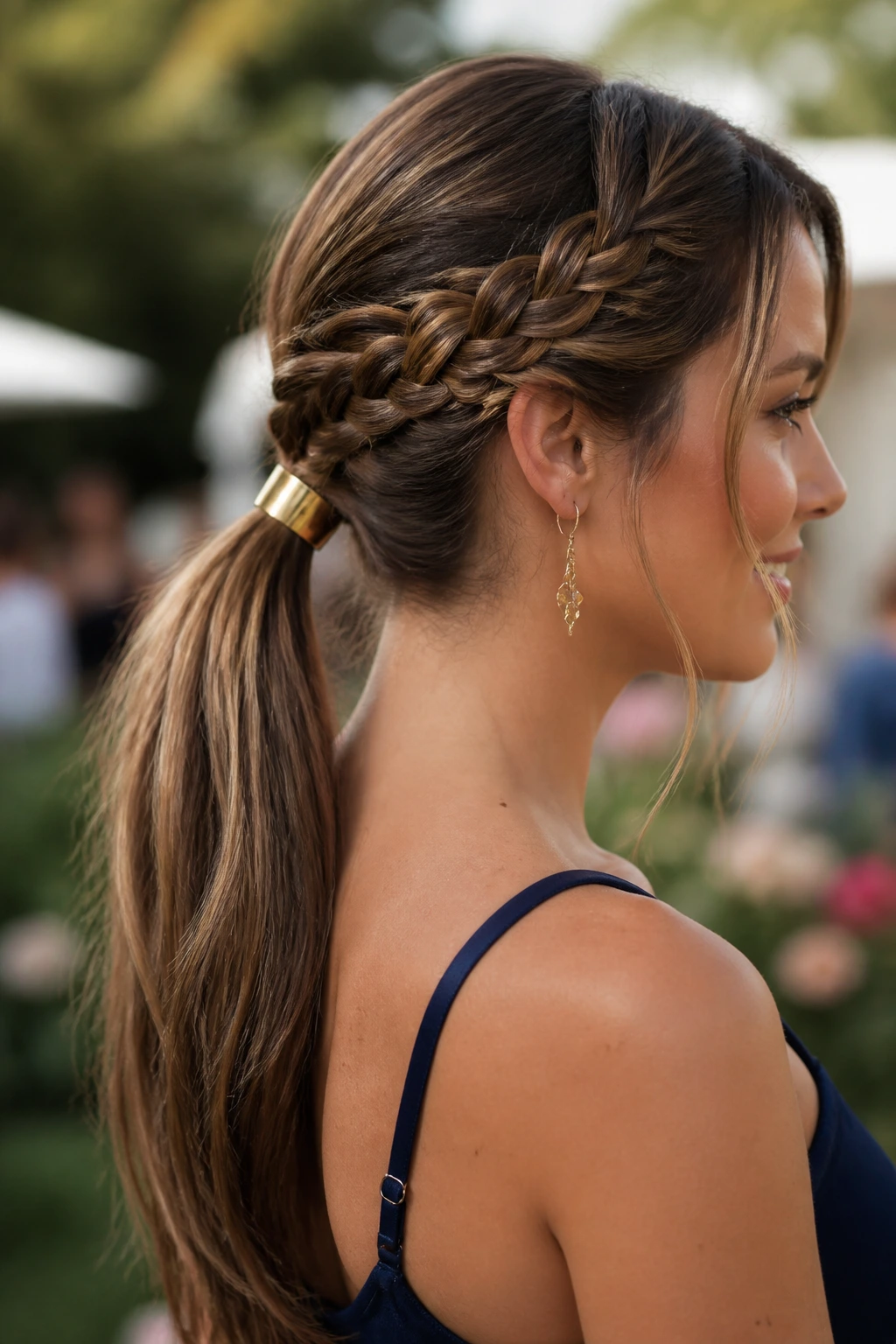 Real woman with braided cuff ponytail hairstyle.
