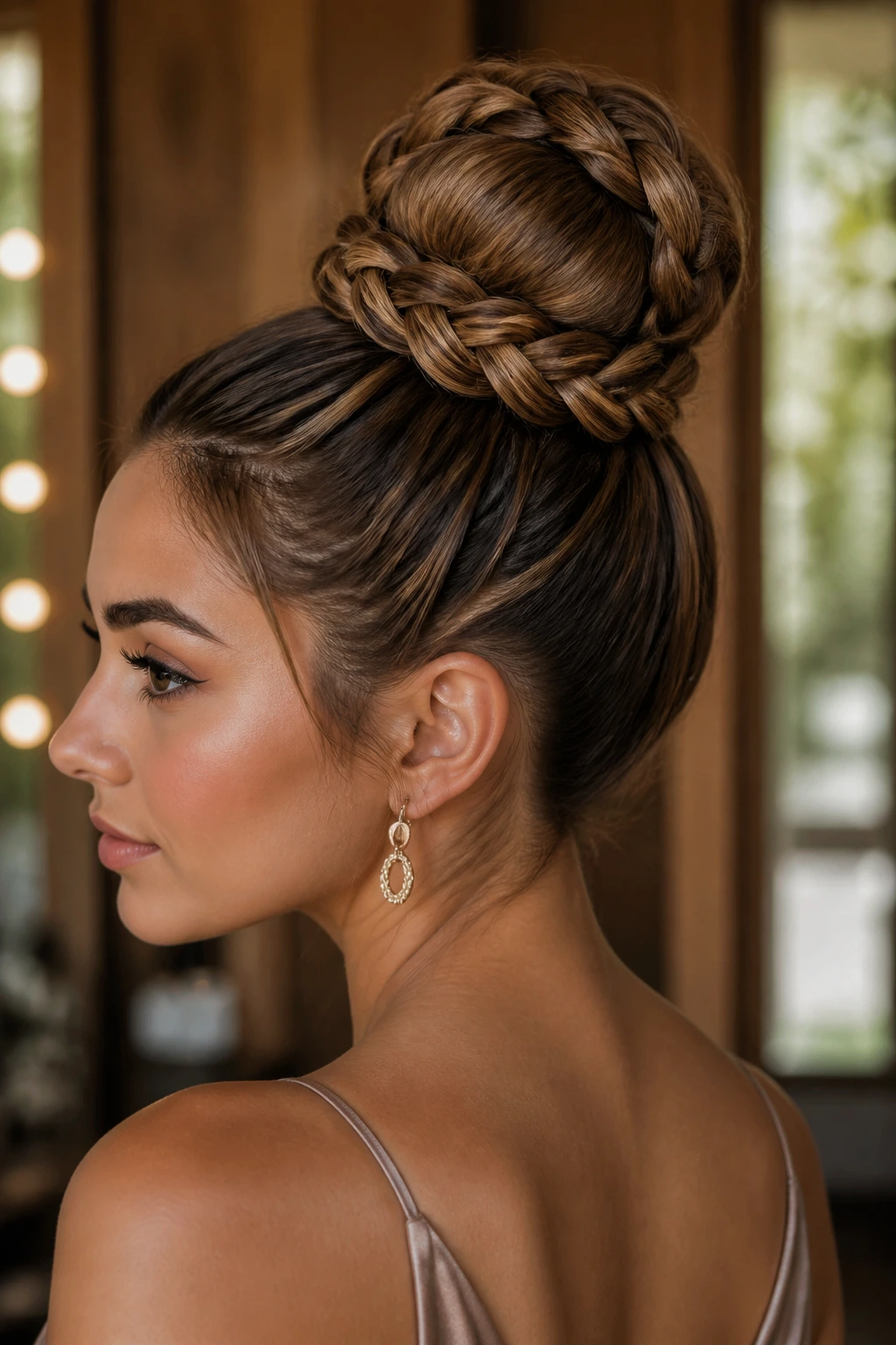 Close-up portrait of a real woman with braided donut bun