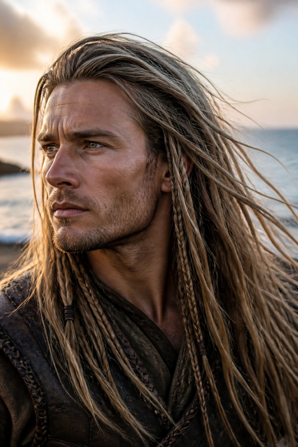 Real person with loose long hair and braided ends on a windy beach