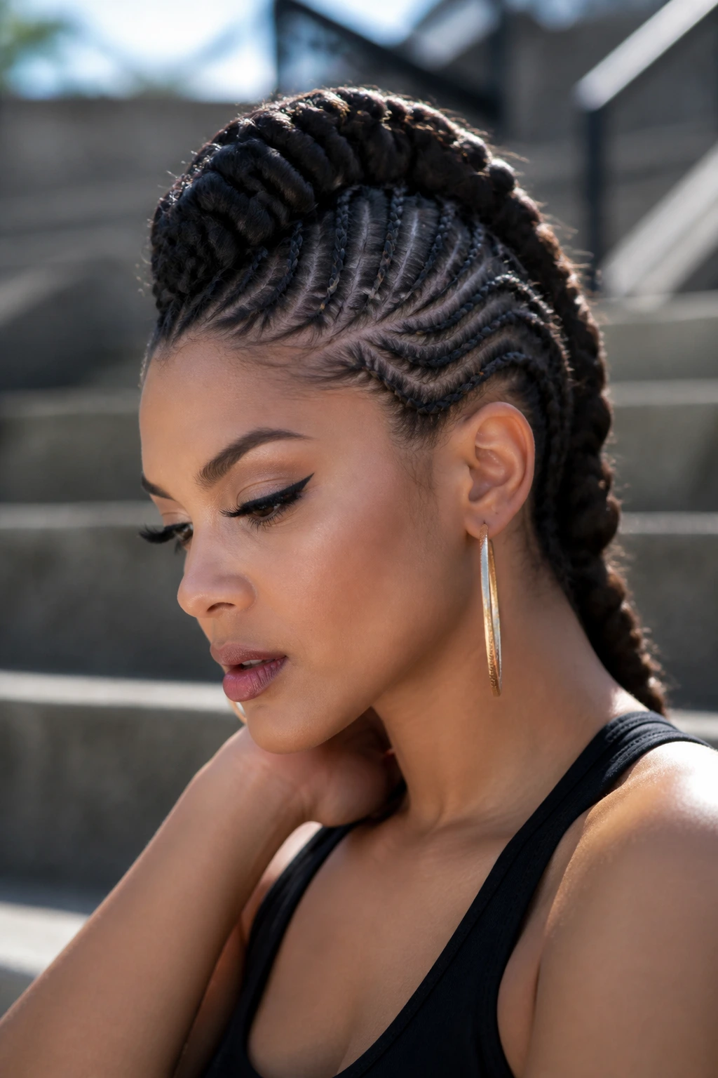Real woman with a braided faux hawk in an urban outdoor setting