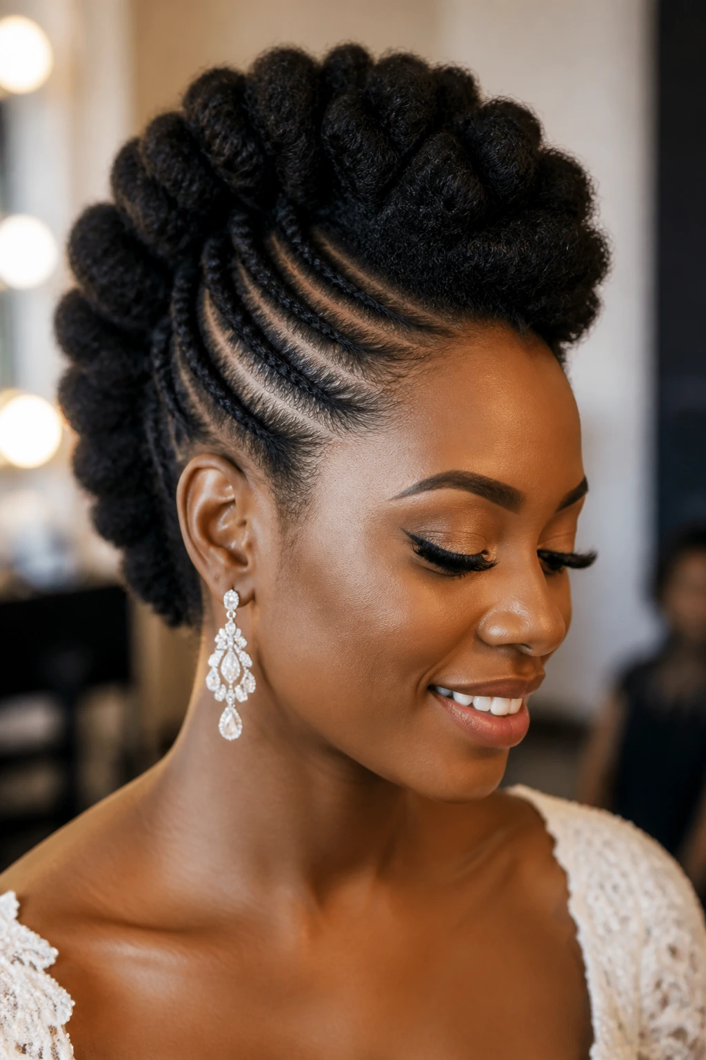 Close-up of a bride with a braided faux-hawk and lifted center
