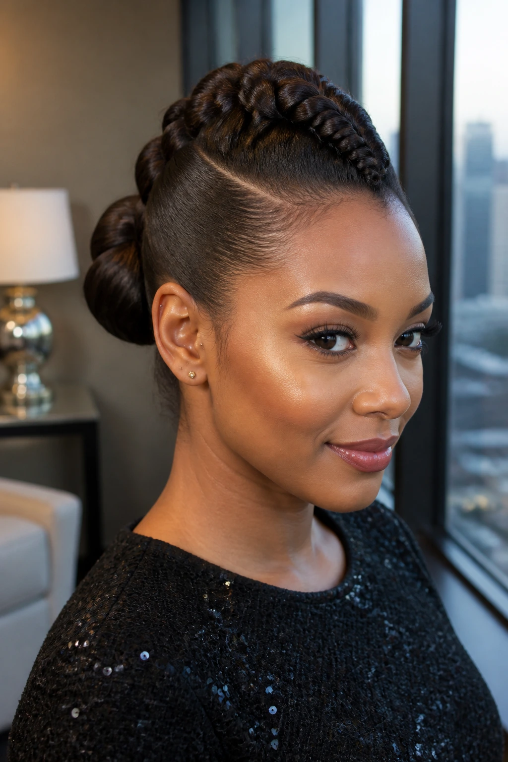 Close-up of a real woman with a braided faux hawk bun