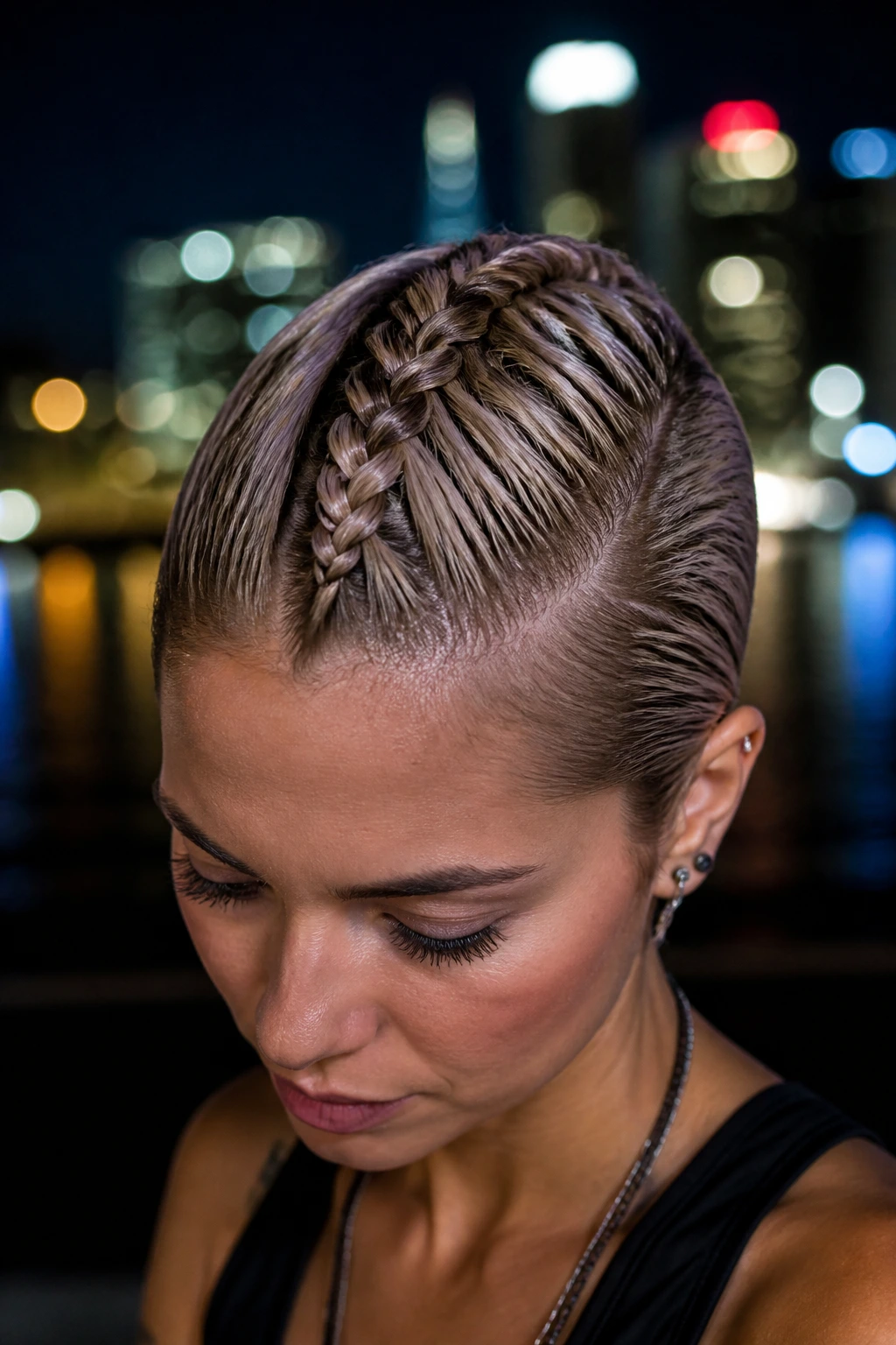Portrait of a real person with a center ridge braid on short hair.