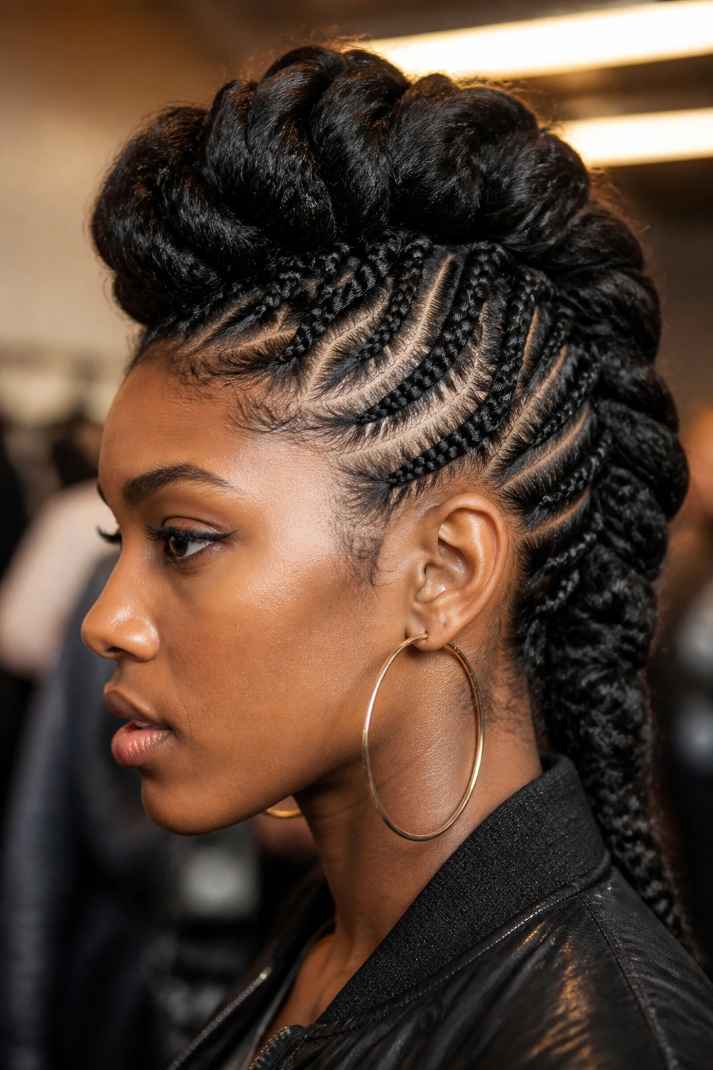 Real person with braided faux hawk and central volume