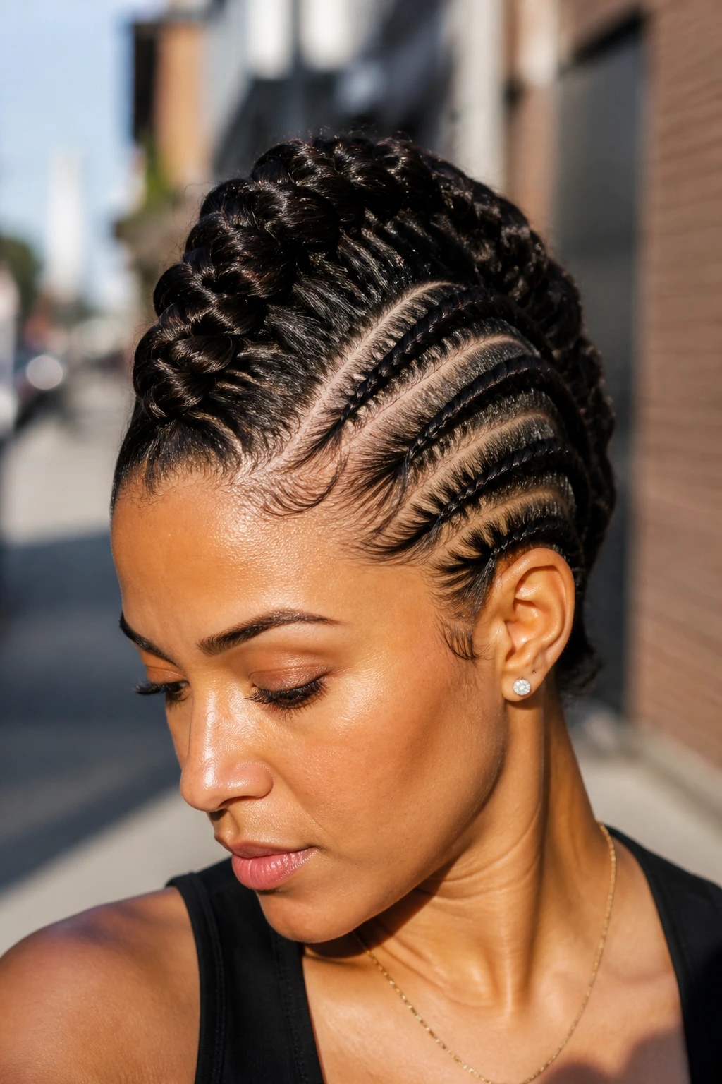 Close-up of a real person with a braided faux hawk on an urban street