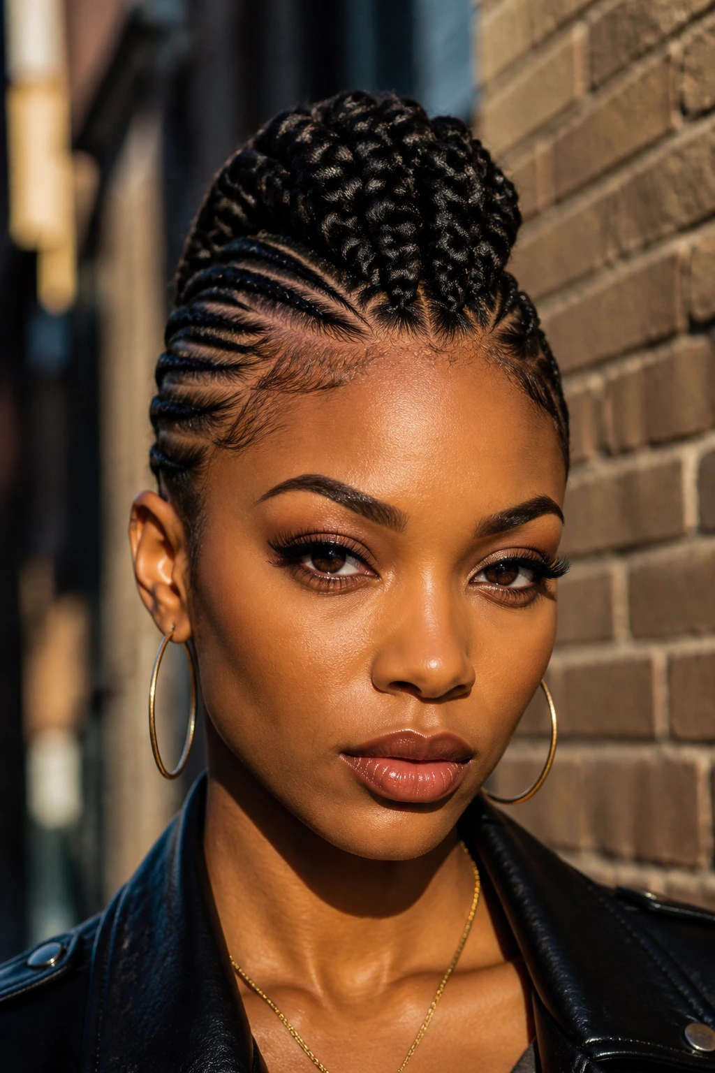 Real woman with a braided faux hawk hairstyle on an urban street