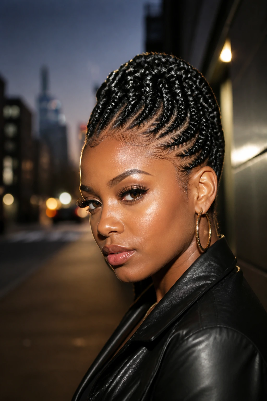 Close-up of a real woman with braided faux hawk