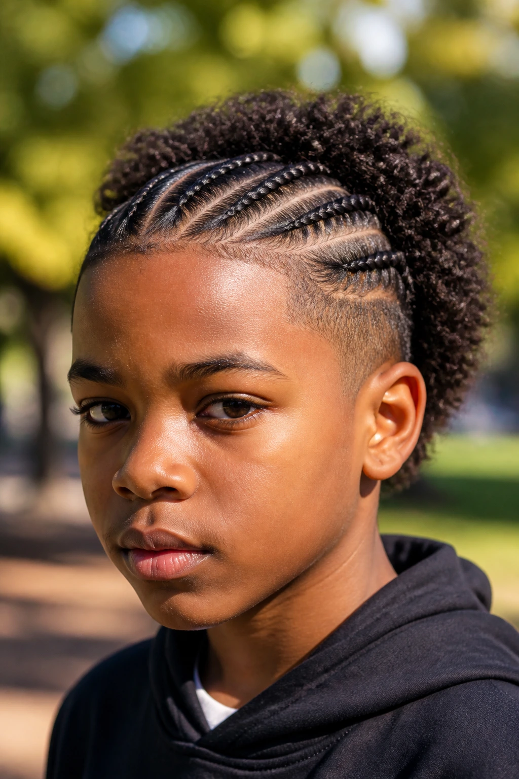 Close-up of a real Black boy with braided front and curly back in a park.
