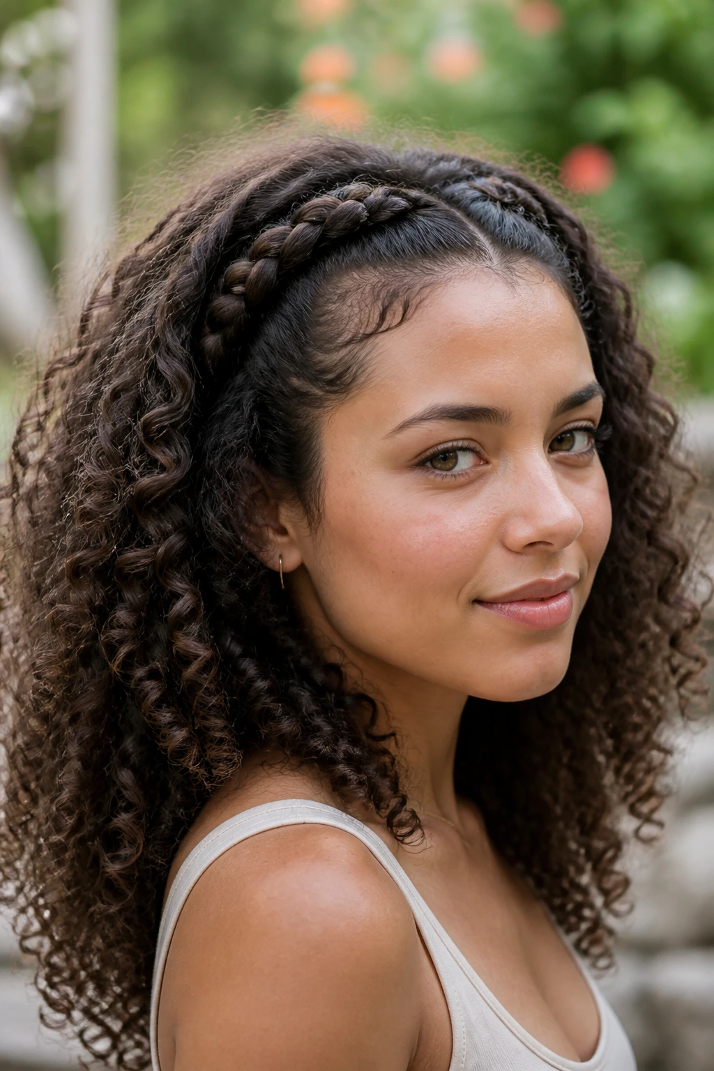 Real woman with braided front halo and loose curls