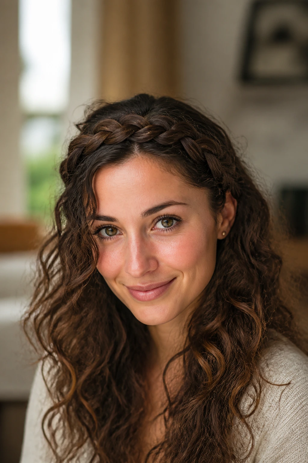 Portrait of a woman wearing a braided front halo with loose curls