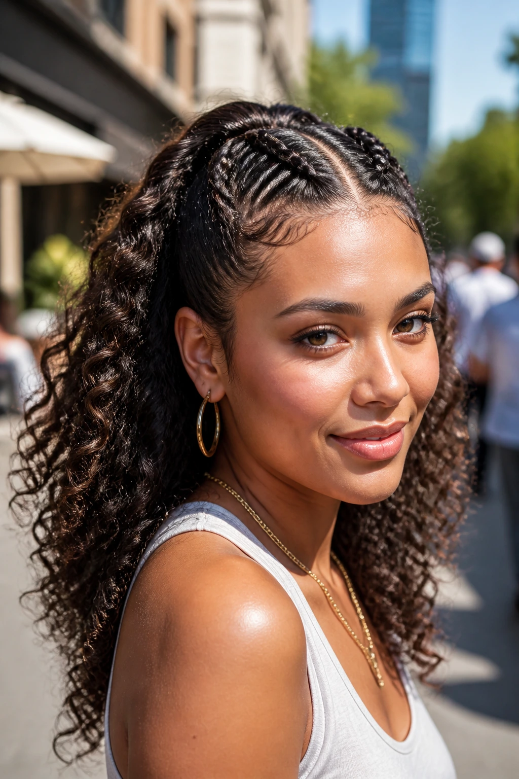 Close-up portrait of a real person with braided front and loose back curls hairstyle.