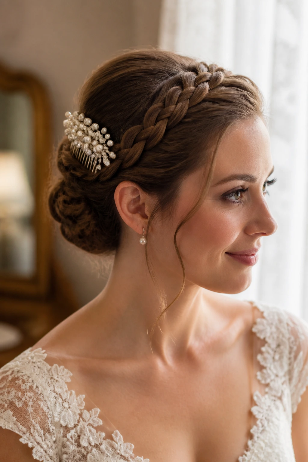 Real bride with Braided Gibson Tuck and Pearl Comb showing a braided crown and tuck