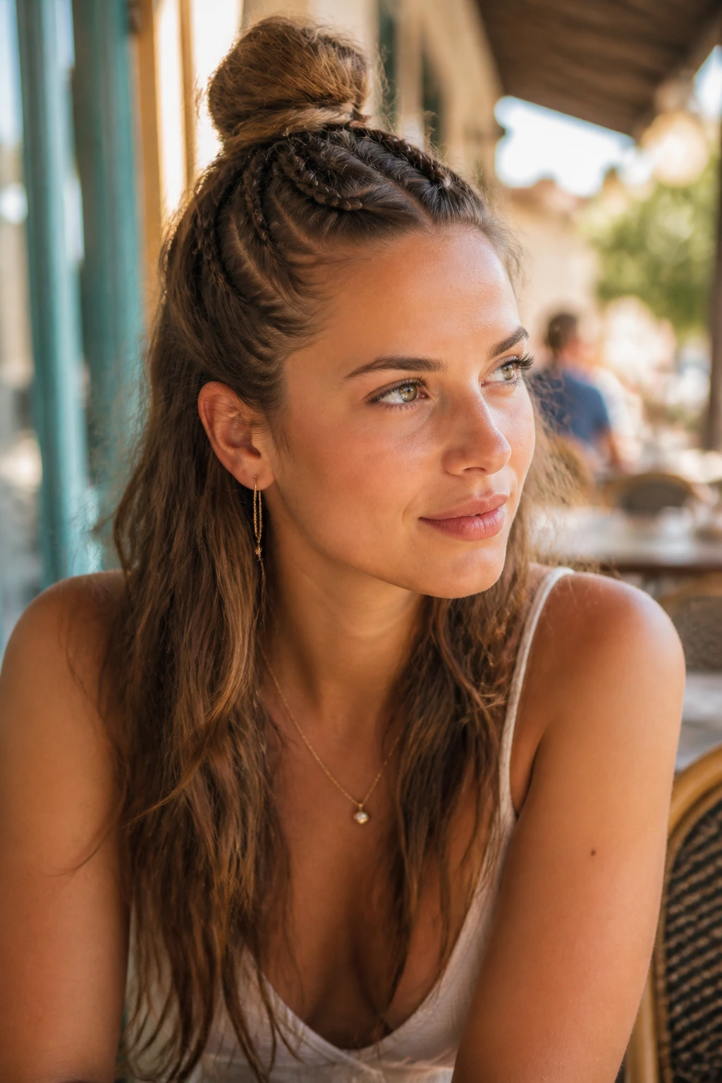 Close-up of a real woman with a braided half-up top knot at the crown