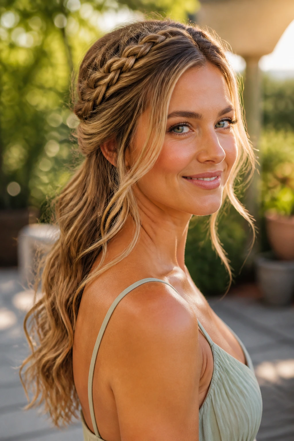 Real bridesmaid with braided crown and loose waves