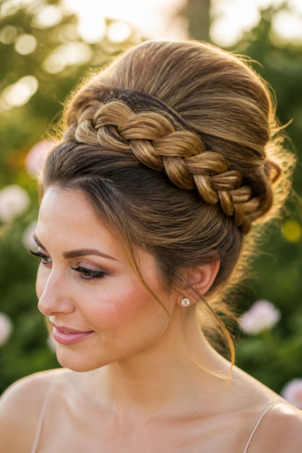 Real woman with halo braid around crown and beehive beneath in golden hour garden light