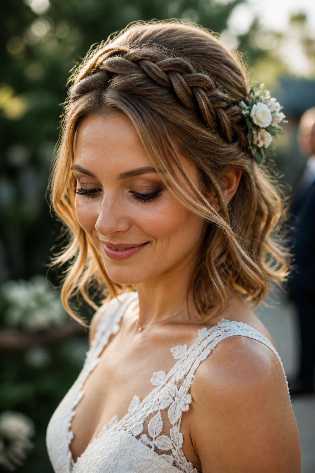 Close-up of bride with braided halo and loose ends in garden light