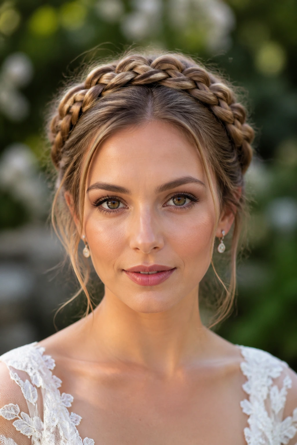 Close-up of a bride wearing a braided halo outdoors.