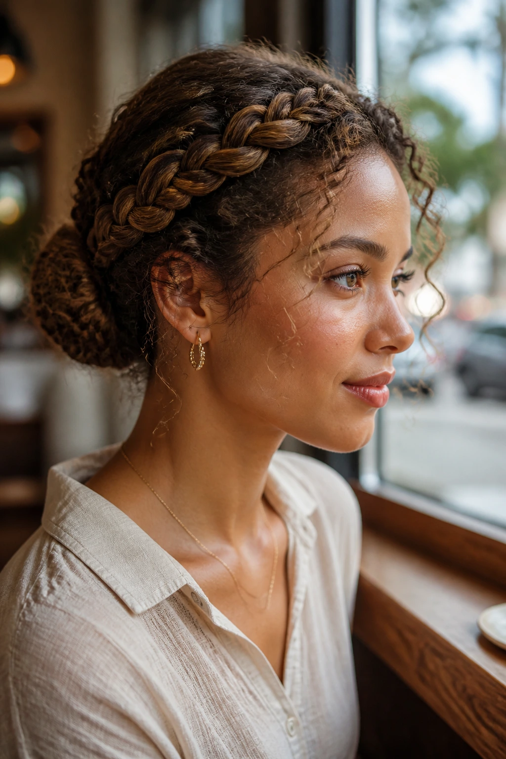 Close-up of real woman with braided halo around head and bun