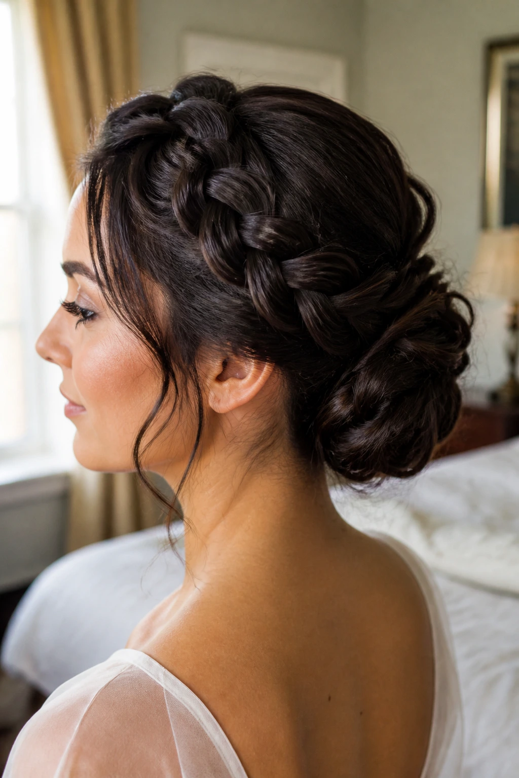 Close-up portrait of a real woman with a braided halo bun in soft window light.