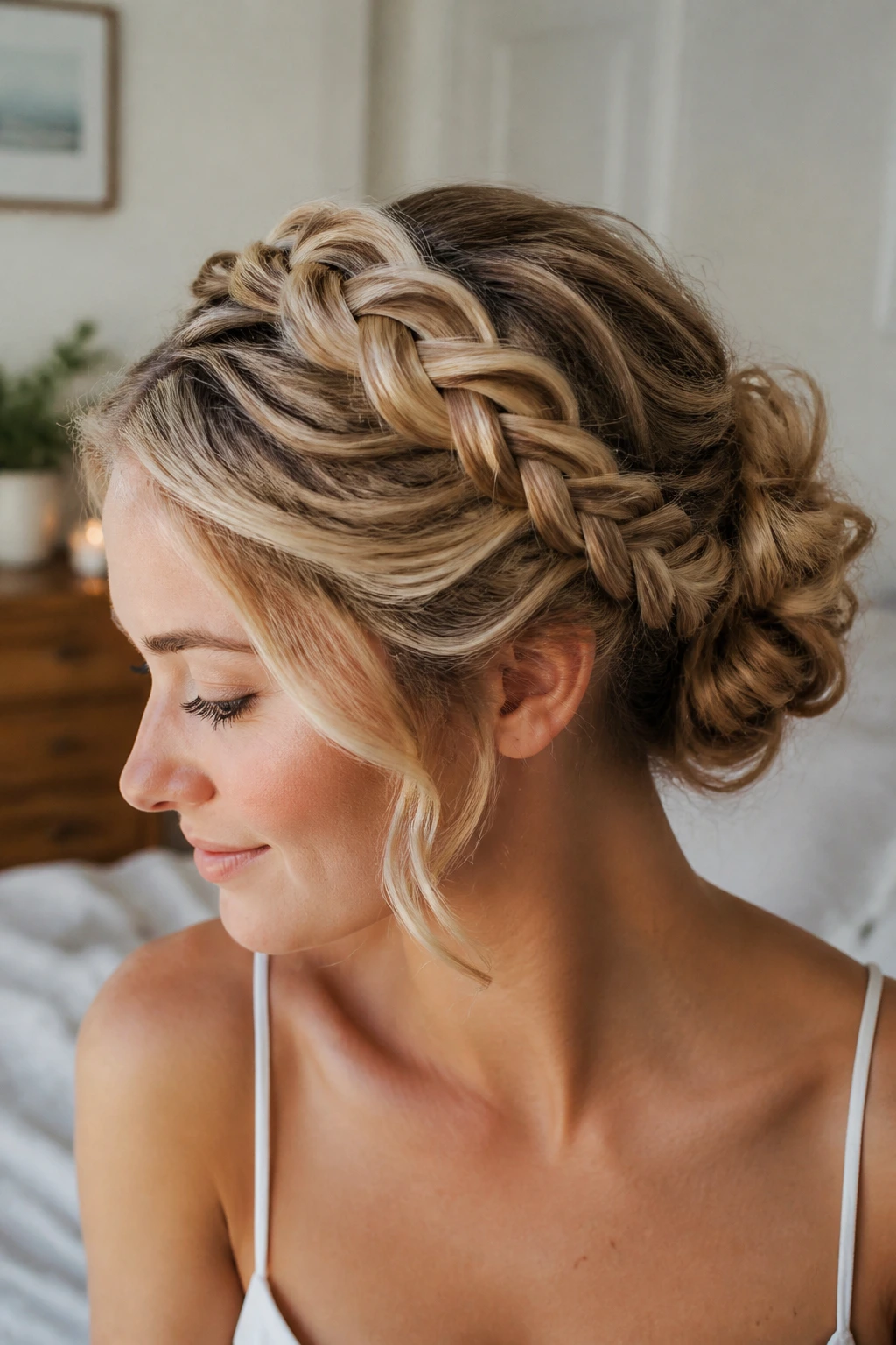 Close-up of a real woman with a halo braided crown and bun at the back
