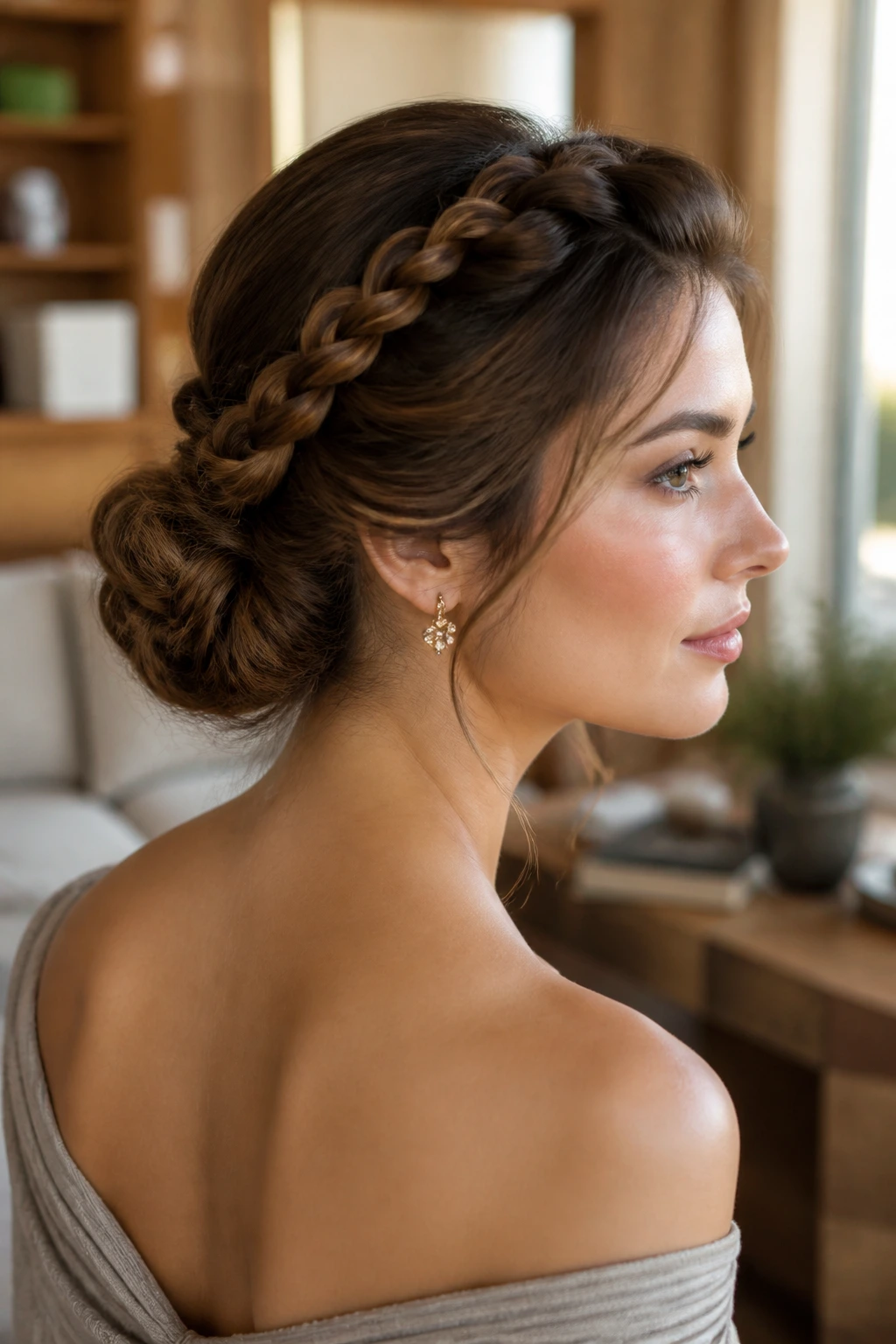 Woman wearing a braided halo chignon around the head, converging into a bun.