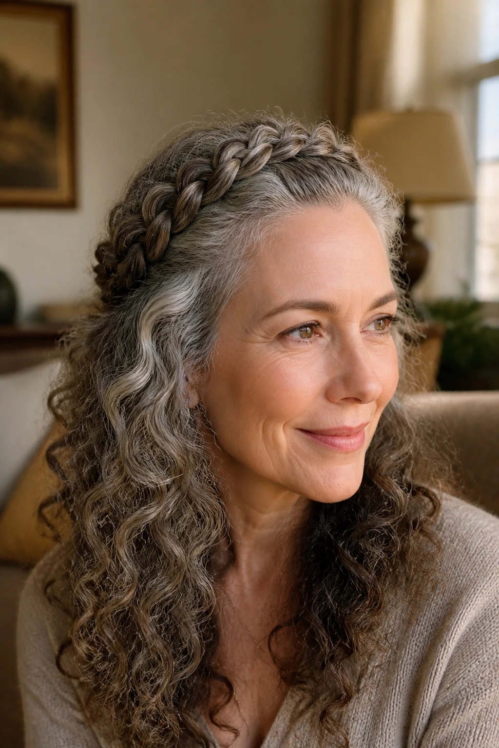 Real woman wearing a braided halo with loose curls around the crown.