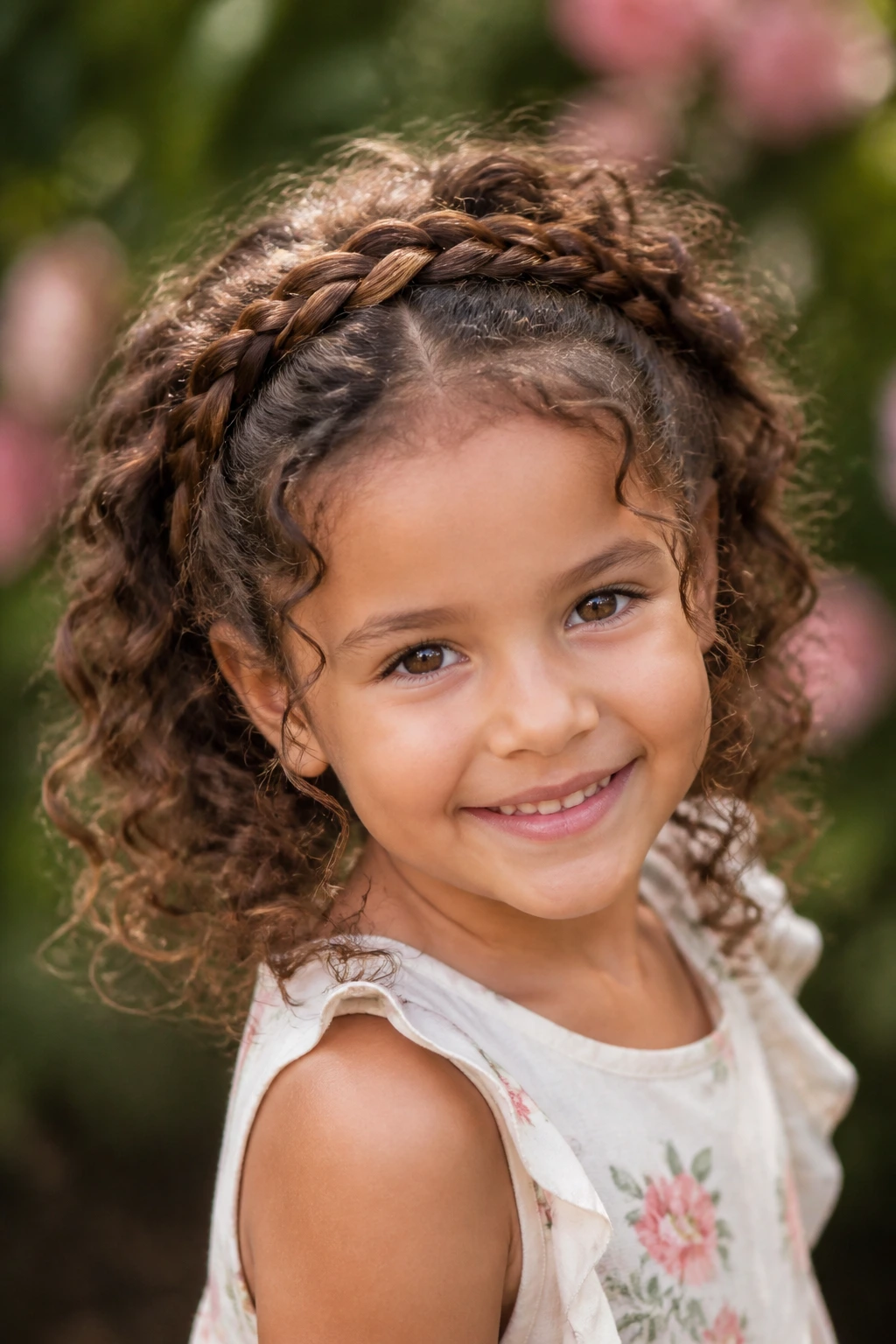 Close-up of a child with a braided halo and open curls in natural light.