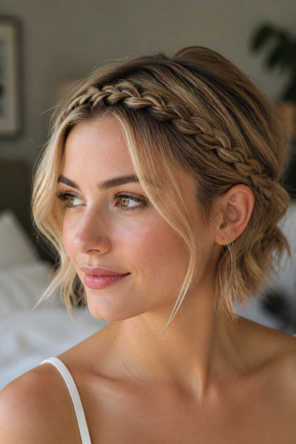 Close-up of a short hairstyle with a mini braided halo along the front hairline