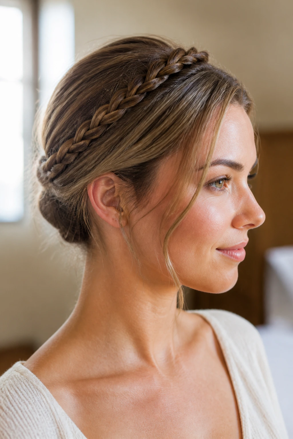 Three-quarter view of a real woman with a narrow braided halo around the head and tucked ends