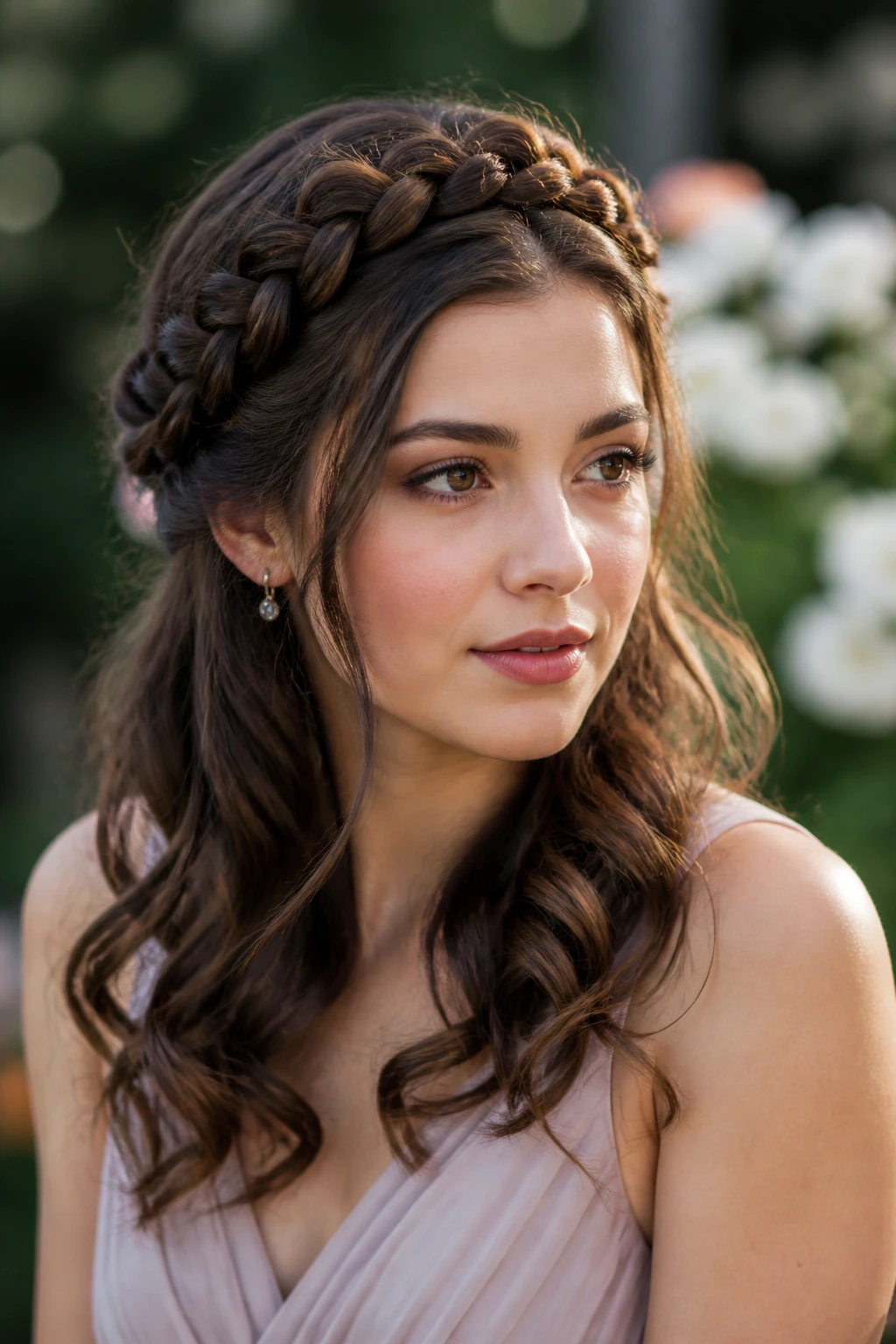 Real woman wearing a braided halo half-up with loose curls beneath