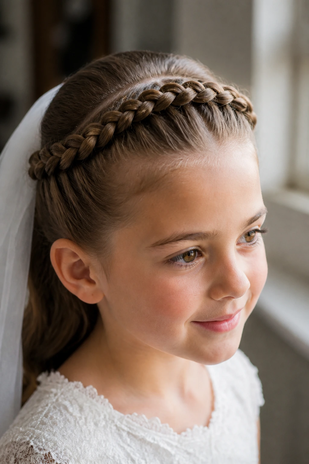 Close-up of a real child with a braided halo hugging the hairline.