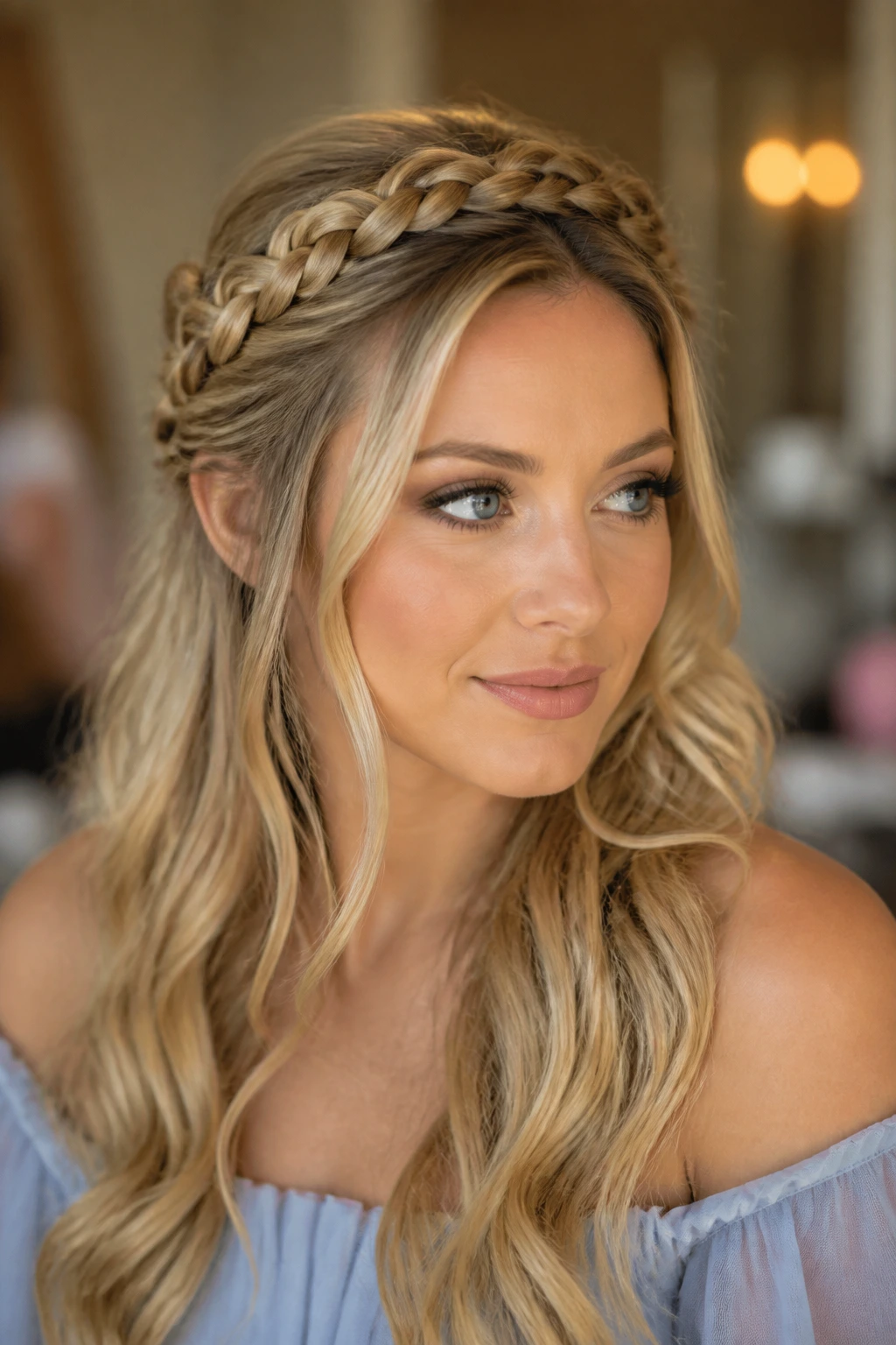 Close-up of a real woman with a halo braid half-up hairstyle.