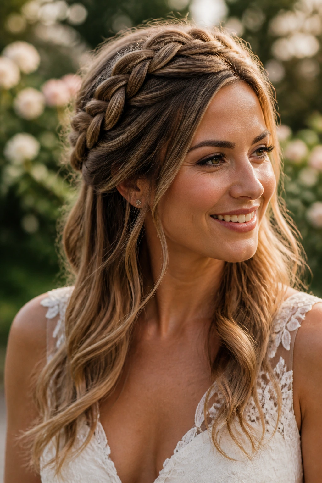 Close-up of a real bride wearing a braided halo half-up with soft ends outdoors.