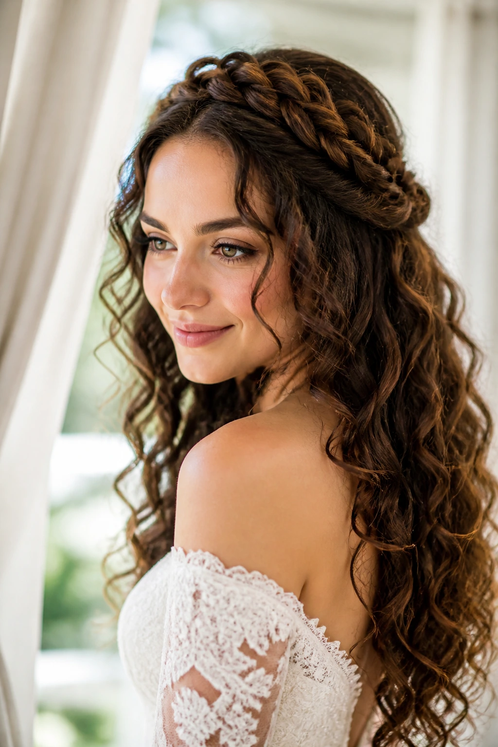 Bride with halo braid and long curls in a sunlit bridal suite.