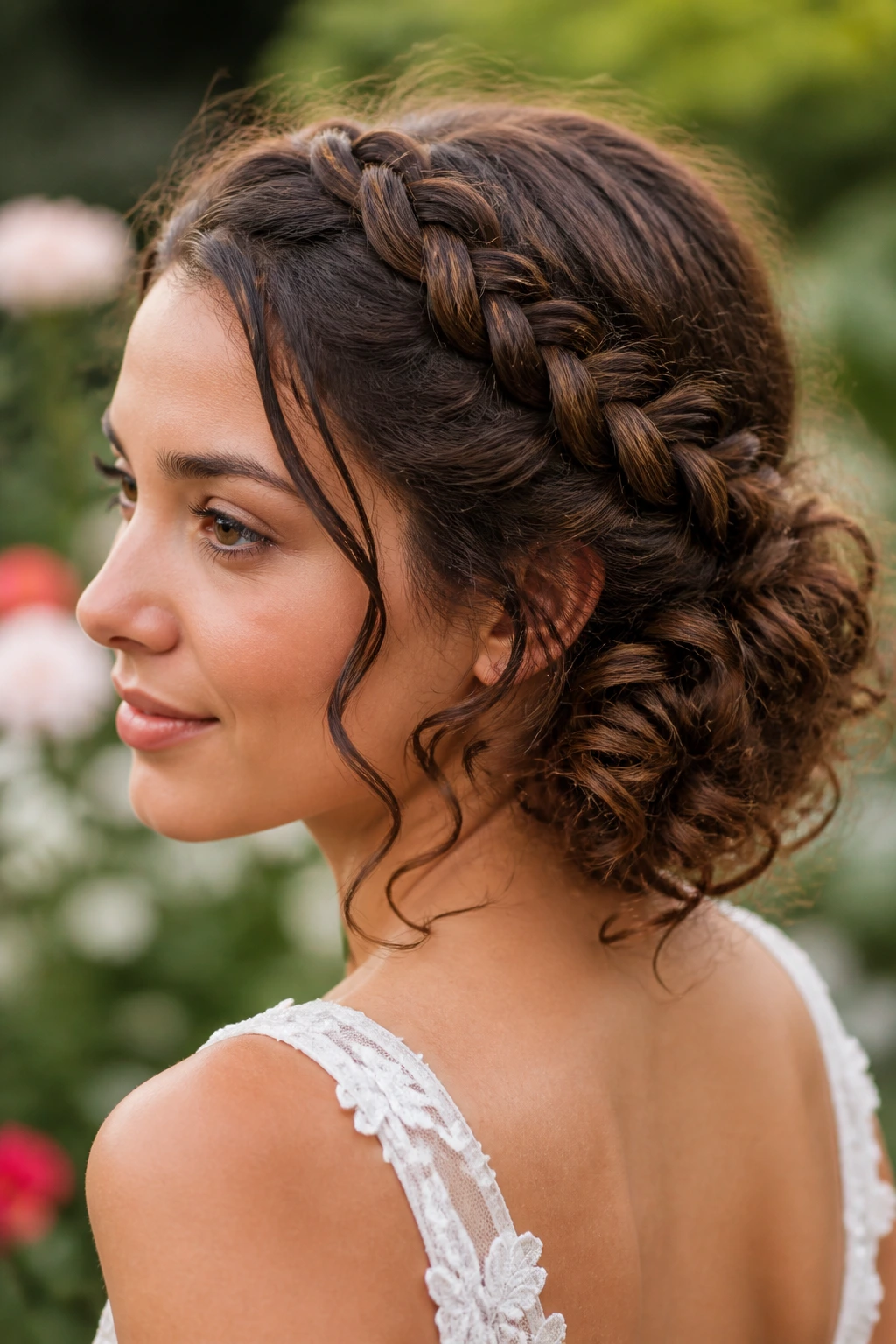 Real woman wearing a braided halo with loose ends, curls underneath.