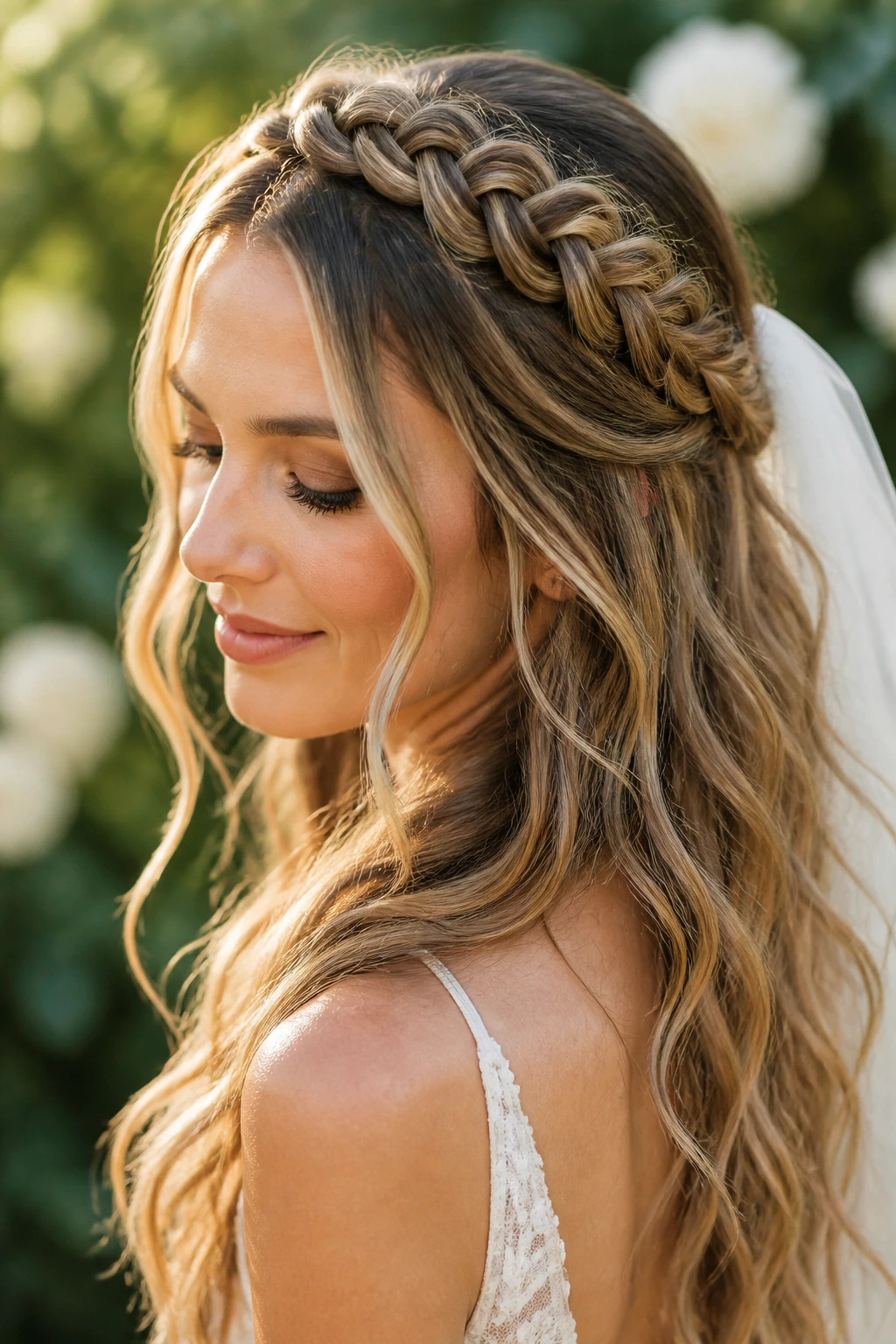 Close-up of a real bride wearing a braided halo with loose lengths