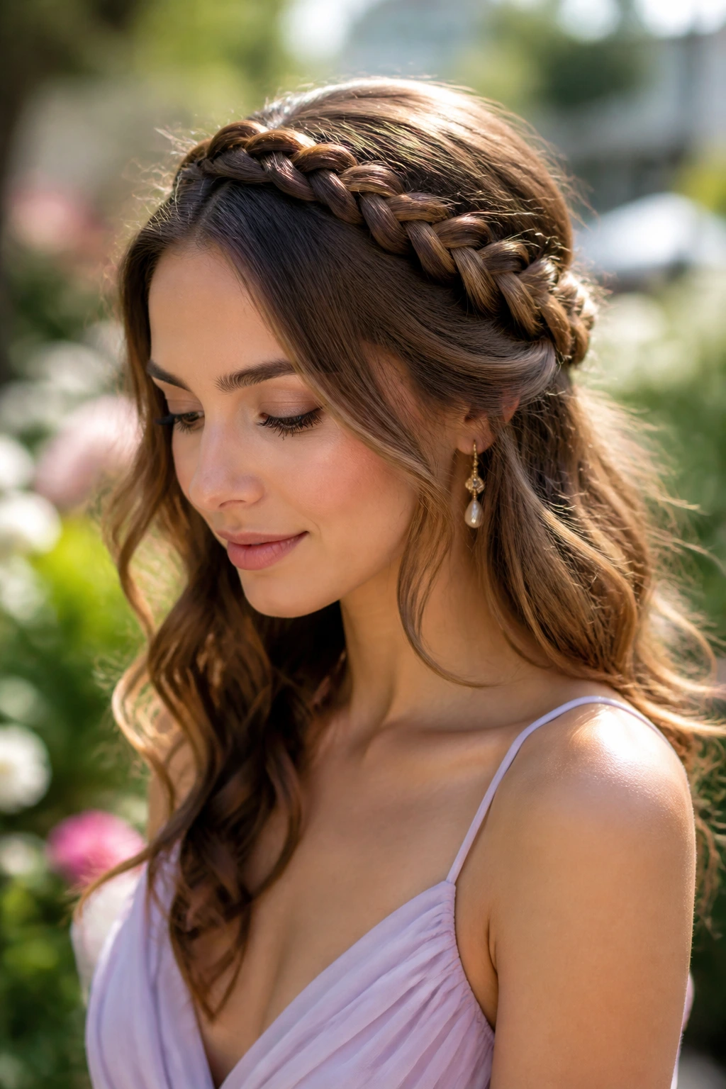 Close-up of a real woman with a braided halo and loose waves.