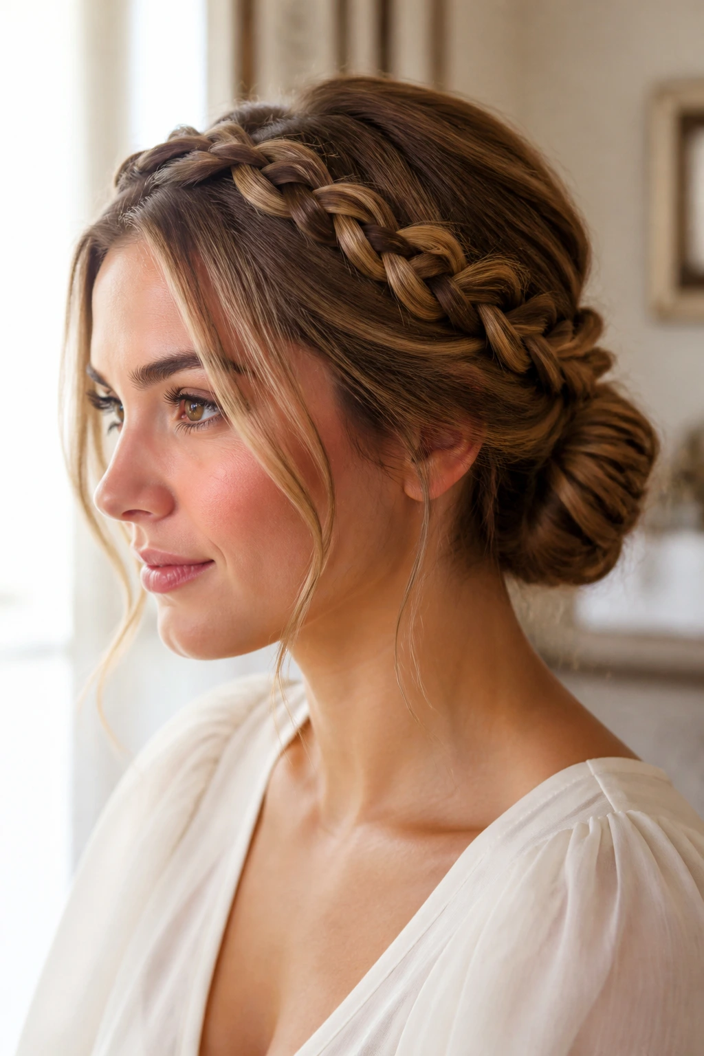 Close-up of a real woman with a braided halo flowing into a low bun at the nape