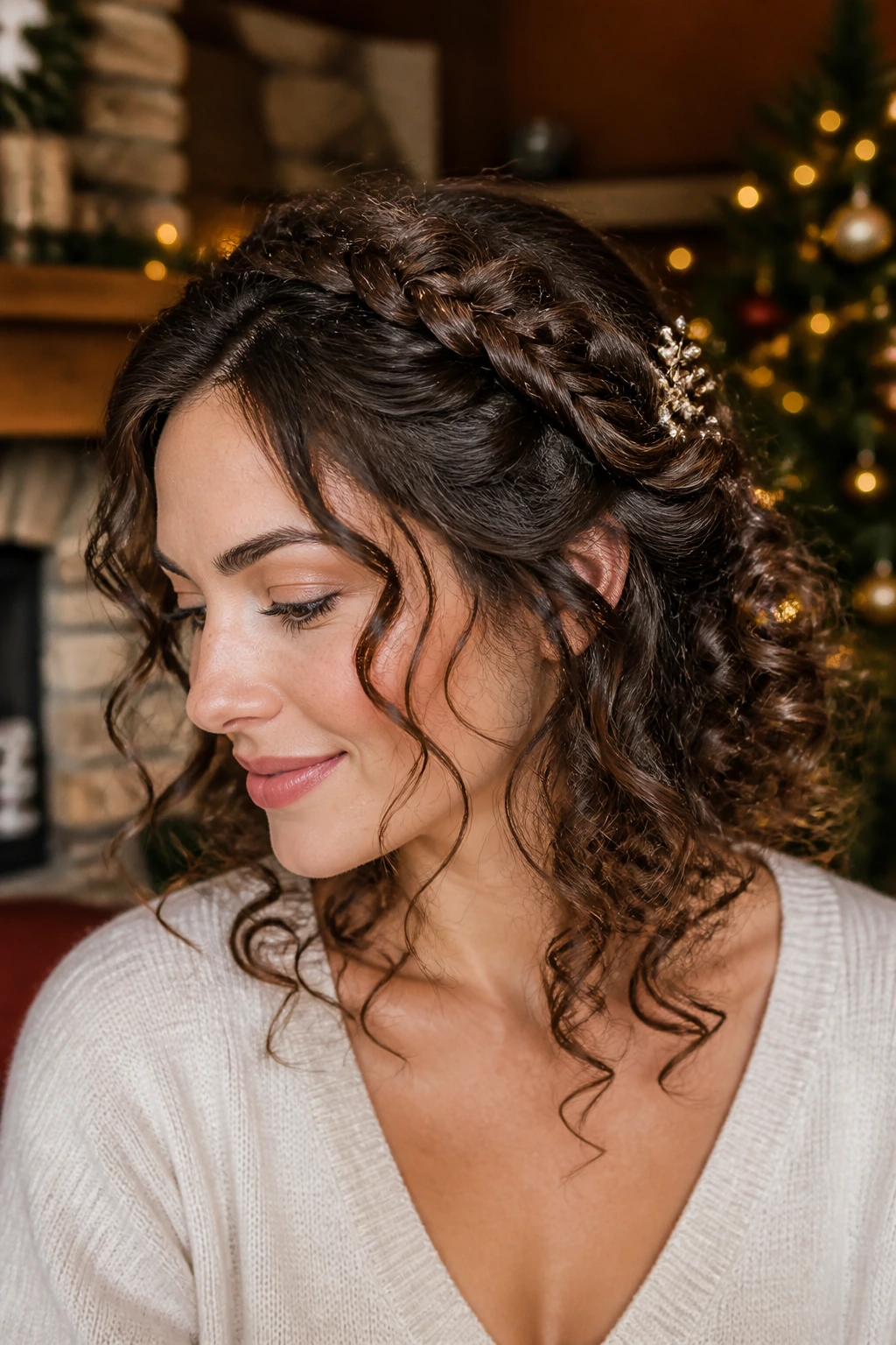 Close-up of a real woman with a braided halo and open curls in a warm Christmas living room.