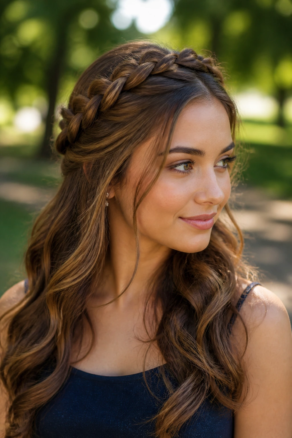 Close-up of a woman with a halo braid half-up.