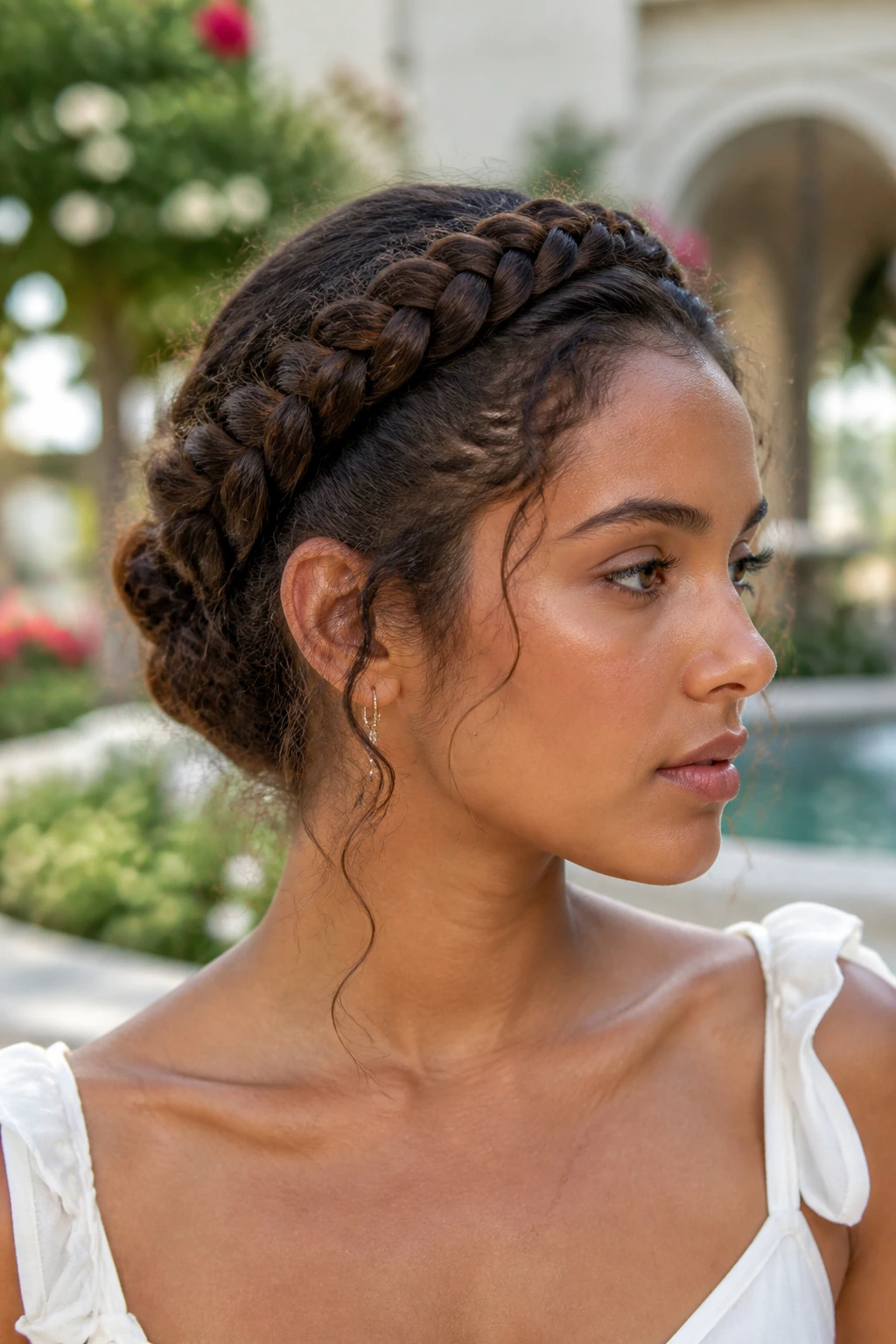 Side view of a real woman wearing a braided halo around the scalp
