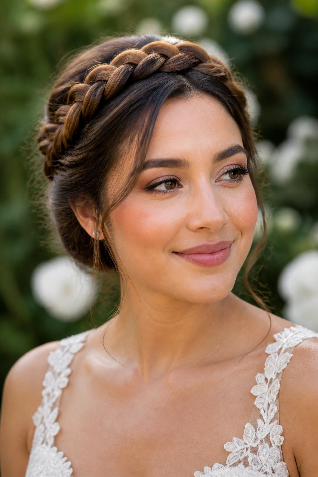 Bride with braided halo updo in a garden setting