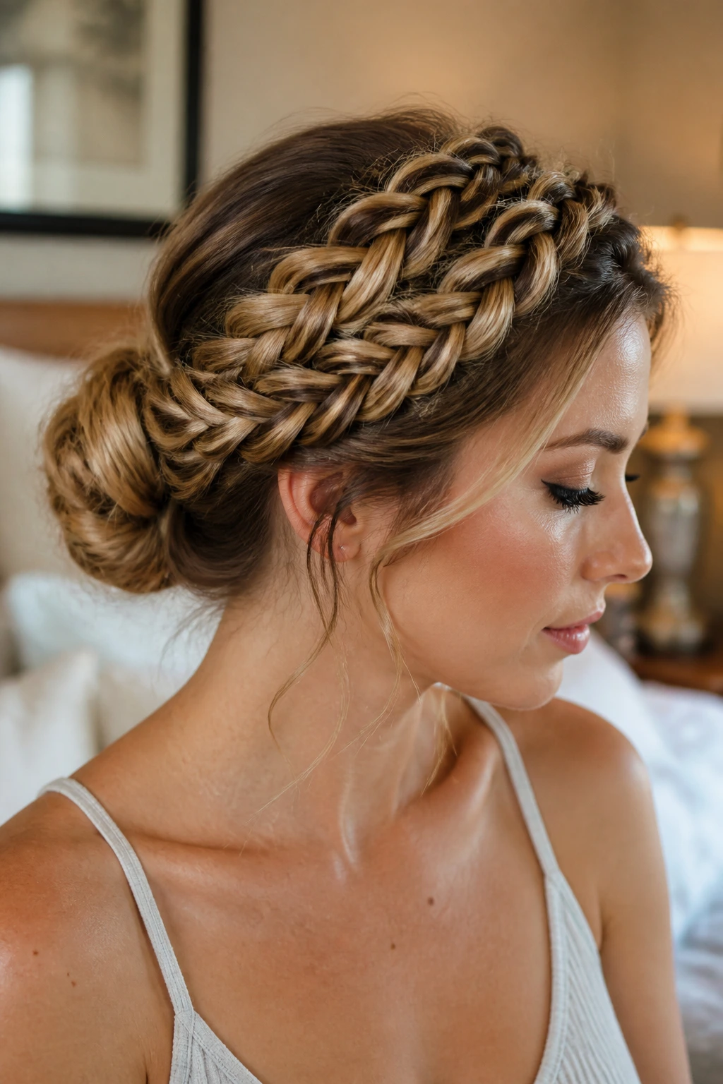 Close-up of a woman wearing a braided halo updo.