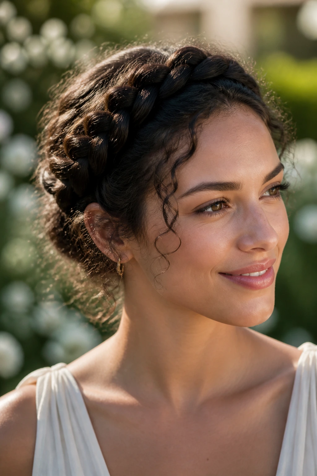 Close-up of a person with a braided halo updo