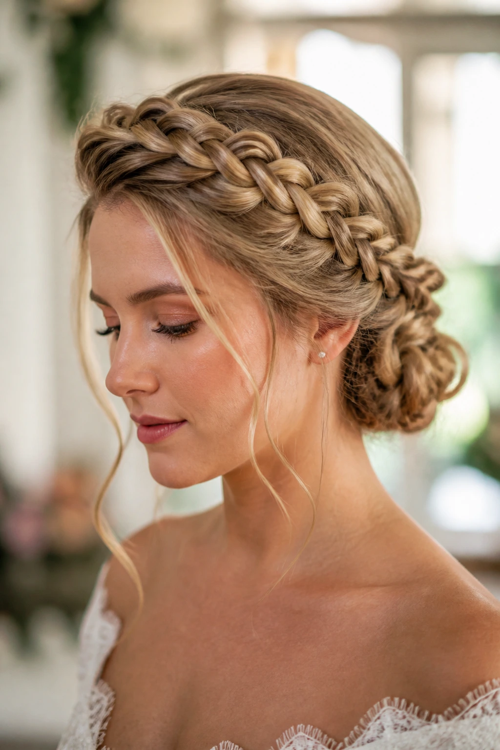 Bride with braided halo updo and low nest