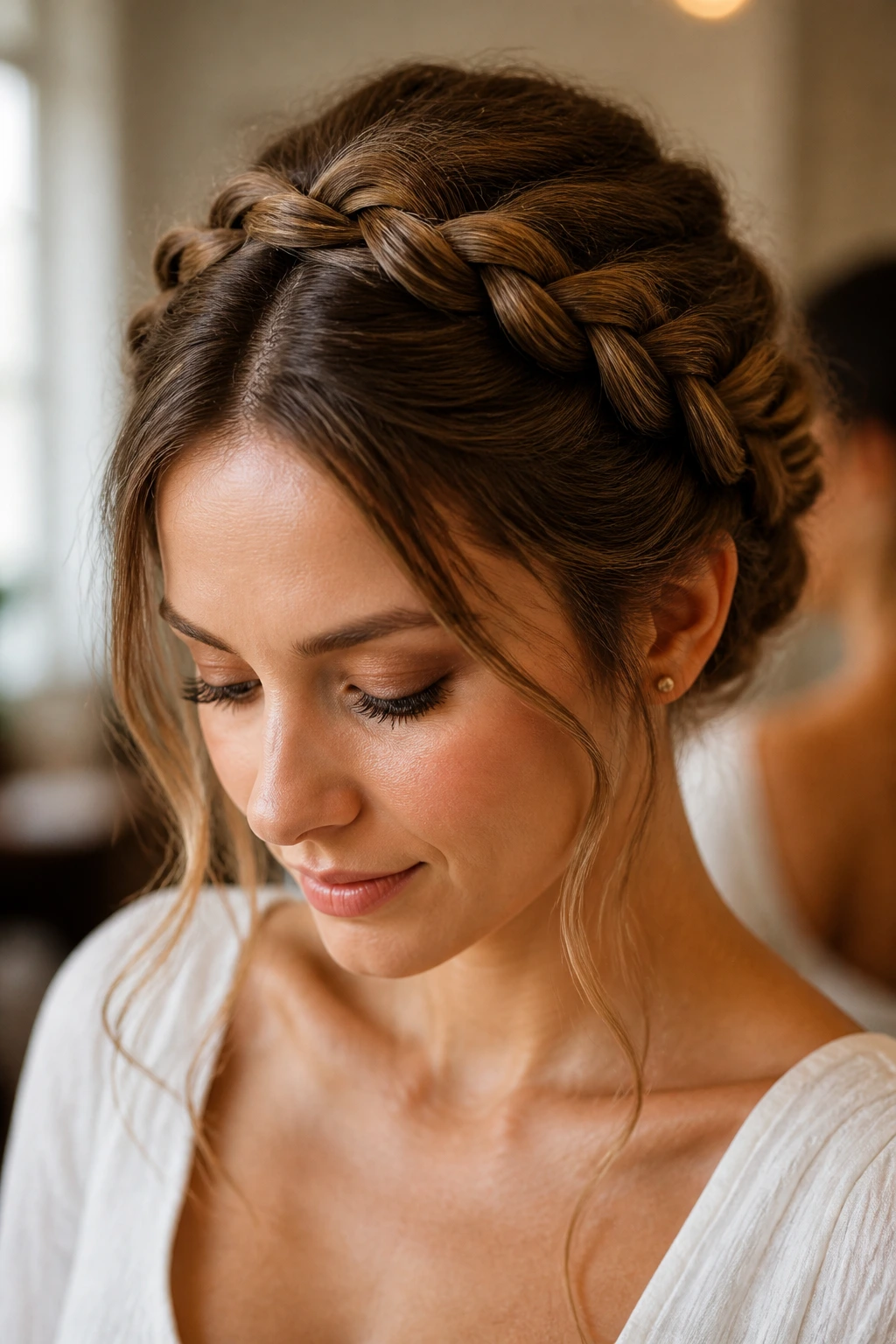 Close-up portrait of a real woman with Braided Halo Updo halo braid framing the head in natural window light