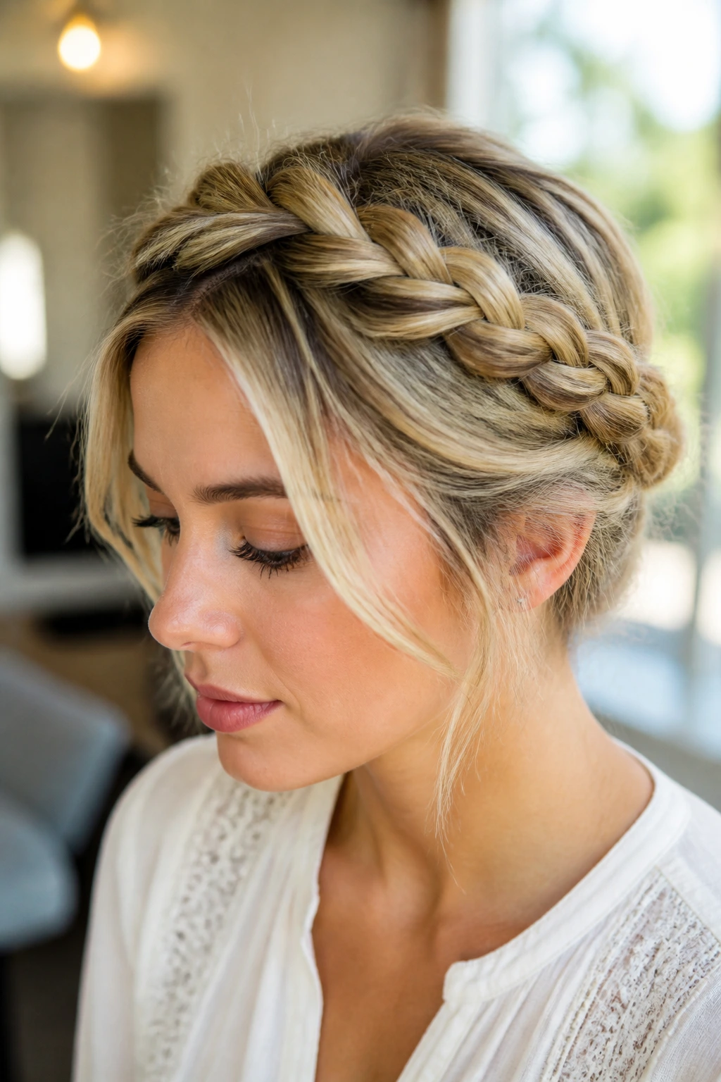 Close-up of a real person wearing a braided halo around the head