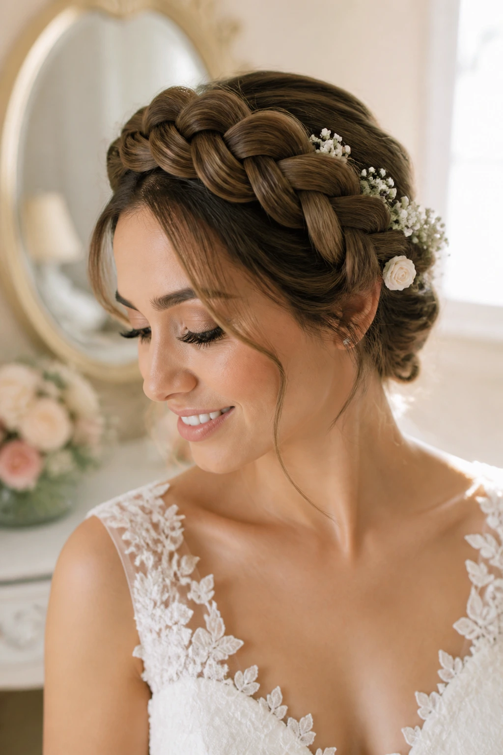 Bride wearing a braided halo with volume wefts around her head
