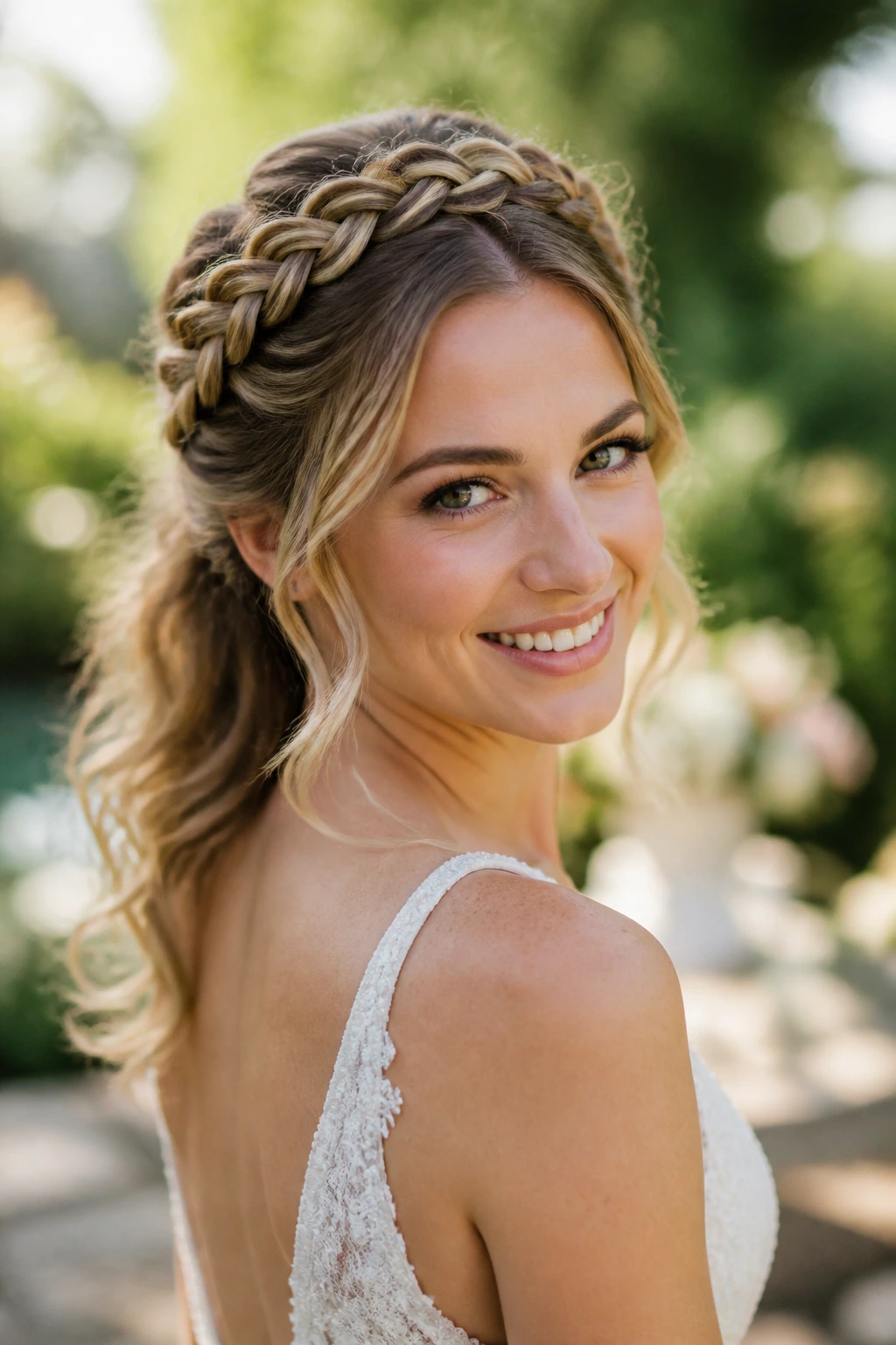 Close-up of a bride wearing a braided halo with airy wave ends outdoors